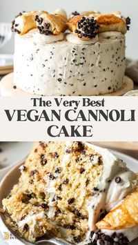 This soft and beautifully tender vegan cannoli cake is absolutely sublime with every bite. Loaded with layers of dairy free cannoli filling, moist vanilla cannoli cake, and real cannoli, you won’t believe this cake is made entirely without eggs nor dairy!