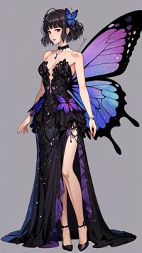 Butterfly fairy, The dress is predominantly blue with black accents and features a butterfly-inspired design. The bodice is fitted with a black waistband, and the skirt flares out with a large butterfly wing detail on the left side. The hem of the skirt is irregular and fringed, adding a whimsical touch. The dress has a halter neckline with a matching blue and black choker. The illustration is done in a sketch style with bold, black outlines and vibrant blue shading, giving it a dynamic and artistic appearance.. Create by Leonardo.AI