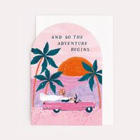 And so the adventure begins - Wedding card with illustrated couple in pink cadillac driving off into the sunset. Stylish arch shape wedding card with luxury white envelope.Blank inside.350gsm FSC-certified paper from sustainable sources.Illustrated in London & made in the U.K.100% recyclable with plastic-free packaging.SIZE: 105(W) x 150(H) mm