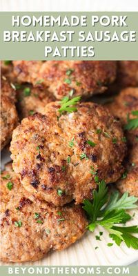 Juicy pork breakfast sausage patties packed with flavor. This homemade version is made with pantry staple ingredients and tastes so much better than store bought breakfast sausage. It's super easy to make and can be cooked from frozen for a quick and hearty morning breakfast!