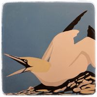 Gannet at Bempton Cliffs. Reduction linocut by Rob Colvin