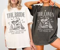 Comfort Colors  Bridal Party T-Shirts, Witchy Bachelorette Party Shirts, Coven Bachelorette, Spooky Bride Shirt, Luxury Halloween Bachelorette Merch, Halloween Bach Club, Cocktail Social Club, Team Bride Bridesmaid Gifts ✧ WHY  YOU'LL  LOVE IT ✧  ⋒ Comfort Colors® tees are garment-dyed shirts that are timeless classics and will never pile.  ⋒ Trendy retro vintage look and gorgeous colors.  ⋒ Amazingly soft and comfy. Perfect with any shorts, skirts, jeans, leggings, or nothing but undies around the house. ⋒ Created with quality in mind, it's made from 100% ring-spun cotton. ⋒ Will last for years with its double-needle stitched neckline, sleeves, and bottom-hems. ⋒ Garment is made with the most expensive dyeing process, reducing shrinking up to 99%. ⋒Comfort Colors®, through Gildan's Commun