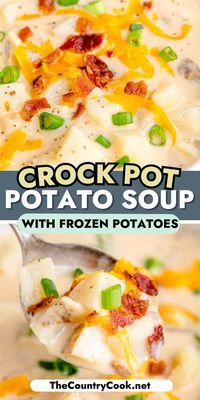 This Slow Cooker Potato Soup is so fast to throw together thanks to frozen potatoes. A hearty, thick soup with incredible flavor and easy to make!