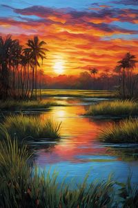 As the day bids its farewell, a mesmerizing symphony of charming orange and red hues unfolds across the canvas of the sky. The sun's golden embrace caresses the tranquil swampy landscape, casting long, enchanting reflections on the still waters. A masterpiece of nature painted in classic oil style, capturing the serene dance between light and darkness.