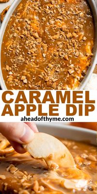 This Caramel Apple Dip is a sweet and delicious fall dessert dip made in just minutes using 4 simple ingredients. The whipped cream cheese and caramel base layer is topped with even more caramel sauce and crunchy toffee bits. It has all the flavors of your favorite caramel apples but in dip form! Every bite has a crisp crunch and a mouthwatering pop of caramel flavor. So good! | aheadofthyme.com #caramelappledip #appledip #carameldip via @aheadofthyme