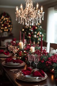 Traditional Christmas decorations in an elegant dining room set the perfect scene for holiday gatherings. Use a classic red tablecloth, gold charger plates, and crystal glassware to set a table that sparkles with tradition and elegance. Center the table with a long, lush garland interspersed with red berries and white candles. Above, hang a crystal chandelier adorned with mistletoe for a festive touch. Tap here for more elegant dining room Christmas decor ideas.