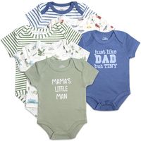 PRICES MAY VARY. MAMA’S LITTLE MAN, JUST LIKE DAD BUT TINY 6 PIECE BODYSUIT SET: Contains (6) short sleeve, snap closure bottom bodysuits for easy on and off access for diaper changes including (1) “Mama’s Little Man” scripted, (1) “Just Like Dad but Tiny”, (2) Stripe printed, (1) Car printed and (1) Flying Dragon printed suit for a full, fun collection of looks. GREAT FOR SLEEP AND LOUNGE: Pieces included are soft, breathable and comfortable for your baby so they can easily relax, sleep, chill and lounge without any fuss. Short sleeve design is great for Spring, Summer or even during the Fall and Winter when temperatures in the home may run a little high for extra warmth and care around the crib. STRIPES, CARS, FLYING DRAGONS AND SILLY SAYINGS, ALL IN ONE: 6 piece bodysuit set includes a