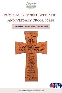 $54.99 - 30th Wedding Anniversary Wall Cross. This wood sign is a symbol of 30 years of togetherness. Makes a great gift for husband, wife, parents, friends, siblings or self. Display your 30 years as part of your living room decor or bedroom wall decor to reminisce the beauty of your relationship. This is our best-selling anniversary gift on our Amazon store. #WoodSign #WallDecor #WoodProjects #WeddingAnniversary #Anniversary #GiftsForHusband #GiftsForHim #Love #Couples #30Years