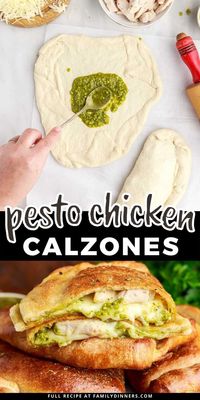 Learn how to make a pesto chicken calzone that's cheesy and delicious. Chicken and pesto calzones are made with basil pesto, mozzarella and cooked chicken breast. Use a premade pizza dough or make your own pizza dough. These are an easy 30 minute meal and family meal. You can make ahead and cook later. Italian recipe, American recipe, Easy recipe, Pizza recipe, Chicken recipe.