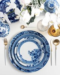 Description Something blue, with a Maison de Carine twist. A timeless and true ode Chinese Ming Porcelain combining Dutch Delft Blue and Portuguese Cobalt Blue ceramics. Leave your guests in awe of a Delftware like they have never seen before! Dimensions Charger, 13" Dinner, 11" Salad, 9" Bread and Butter, 7.75" Details Porcelain, Ornate Blue Floral on White Ground 2017 German Design Award Nominee Microwavable and Dishwasher Safe Designed by Marcel Wanders, Made in Portugal