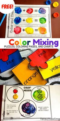 FREE printable activities for preschool and kindergarten kids to learn about primary and secondary colors, color mixing and color words while having fun with paint! Also includes coloring pages, puzzles, color charts and word tracing.