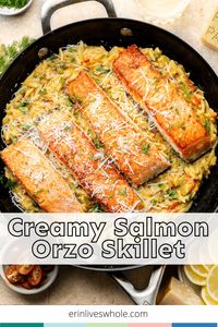 Switch up your standard salmon routine and try out this delicious Creamy Salmon Orzo Skillet! Between the veggies, parmesan cheese, and lemon, it's overflowing with savory flavors.