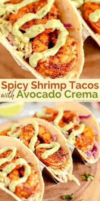 These Spicy Shrimp Tacos are marinated in delicious zesty spices and sit on top of a homemade slaw with an avocado crema that makes these so addicting! #shrimptacos #taco #shrimp #seafood #seafoodtacos #mexican #tacotuesday #avocadocrema #spicyshrimp #tacorecipe #bestshrimptacos