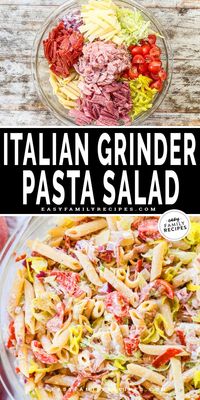 Grinder flavors in a pasta salad! This Italian Grinder Pasta Salad recipe is such an easy pasta salad that’s the perfect summer side for family dinners or the perfect dish to take to BBQs and potlucks. With tender pasta, salami, ham, pepperoni, provolone cheese, tomatoes, and kicky pepperoncini peppers in a creamy grinder salad dressing, this grinder pasta salad is so good!