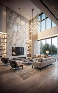 The living room blends contemporary and rustic elements with a deep gray sectional sofa and a reclaimed wood coffee table. Soft lighting, a large abstract painting, and potted plants create a cozy and inviting atmosphere. A geometric area rug and curated decor complete the warm, stylish space.