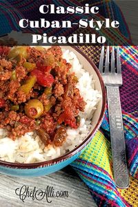 Picadillo Over Rice is a traditional Cuban dish made with ground beef that's typically eaten over white rice. A Latin comfort-food, this home-style skillet meal is simple and quick to make, with some referring to it as "hash". I personally refer to it as CRACK....I cannot stop eating it, and I can't wait for you to try it.  #Picadillo #Cuban #FamilyStyle #SkilletMeal #GroundBeef #Hash #LatinFood