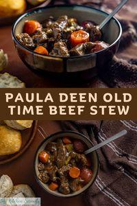 Paula Deen's Old-Time Beef Stew is an easy beef stew recipe with carrots, potatoes, celery, onions, and seasonings.  This classic vegetable beef stew makes a comforting, delicious meal any time of the year.  Slow simmered on the stove top for just over 2 hours. #pauladeen #beefstew 