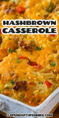 Impress your loved ones on Christmas morning with a mouthwatering Hashbrown Breakfast Casserole that's easy to make with simple ingredients and homemade flavor. This cheesy favorite is guaranteed to make faces light up and is sure to be the best thing about waking up on Christmas morning. #hashbrownbreakfastcasserole #breakfastcasserole #breakfast #casserole #spendwithpennies