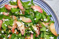 This easy salad has a great variety of contrasting flavors and textures. Crunchy almonds, crisp apples, tangy cheese all get tied together with a punchy vinaigrette. You can substitute the goat cheese for gorgonzola or even ricotta salata!