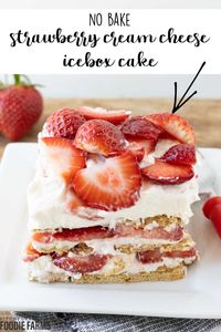 Indulge in the lusciousness of our No-Bake Strawberry Cream Cheese Icebox Cake! This no bake dessert recipe has layers of creamy strawberry-flavored cream cheese filling and graham crackers that create a dreamy dessert. Topped with fresh strawberries and a dollop of whipped cream, this chilled no bake cheesecake is perfect for summer gatherings or special occasions. With its effortless preparation and heavenly taste, this icebox cake is a surefire hit. It's best made ahead.