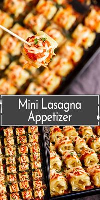 This mini lasagna appetizer is individual mini lasagna rolls filled with lemon ricotta and topped with a fresh tomato sauce. A one-bite appetizer that is perfect for parties!