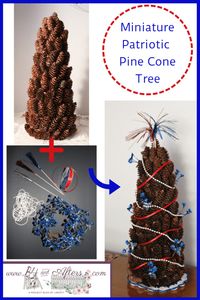 This miniature pine cone tree is decorated in red, white, and blue.