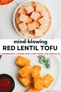 Mind-Blowing Red Lentil Tofu is my new invention & it will rock your world! It is super-easy, endlessly versatile, and made with red lentils (plus water, and optional salt).#redlentiltofu #lentils #lentiltofu #highprotein #1ingredient #diytofu #soyfree #soyfreetofu #redlentils #highprotein #vegan #veganprotein #legumes #homemadetofu #veganmeat #vegandinner #oilfreevegan #oilfree #grainfree #glutenfree