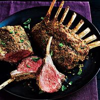 Herb Crusted Rack of Lamb Calories: 293 Fat: 15.3g Saturated fat: 6.6g Monounsaturated fat: 5.8g Polyunsaturated fat: 0.6g Protein: 32.2g Carbohydrate: 4.4g Fiber: 0.3g Cholesterol: 102mg Iron: 2.4mg Sodium: 376mg Calcium: 23mg