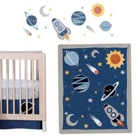 This out-of-the world crib bedding set includes one quilt (36” x 45”), one 100% cotton fitted crib sheet (28” x 52”), one appliqued crib skirt (27” x 51” with a 14.5” drop), and a complete set of wall appliques. Your little one will sleep and play among the stars and planets in this unique crib bedding set. A gray textured fabric frames the quilt and the appliqued planets and stars float on a deep blue background. The 100% cotton fitted crib sheet and back of the quilt has multiple sized white s