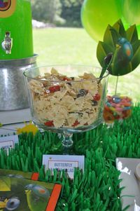 Butterfly pasta salad at a bug birthday party! See more party planning ideas at CatchMyParty.com!