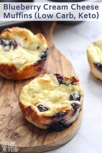 A low carb blueberry cheese muffin recipe that's more like mini cheesecakes. These gluten free desserts can be eaten plain or with fruit and nuts on top. | lowcarbyum.com