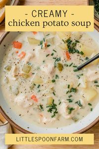 Creamy chicken potato soup is an easy comfort food recipe that is perfect for chilly weather. It has a simple base of carrots, celery, and onions, with tender chicken and potatoes all in a rich creamy broth. This is a quick soup recipe that comes in handy on busy nights!