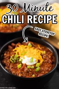 This quick chili recipe is ready in less than 30 minutes. This is the best quick stovetop and easy chili recipe. You'll love this classic easy one pot beef chili recipe. This quick and easy chili recipe is fast to make is a simple, healthy, one pot recipe that is the best and super fast to make! You’ll be surprised how good this quick chili recipe easy is to make! #eatingonadime #onepotrecipes #stovetoprecipes #chilirecipes #dinnerrecipes