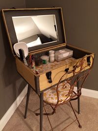 DIY antique suitcase repurposed as a vanity for my guest room. Tin suitcase more than 50 years old, yellow and gray, vintage.