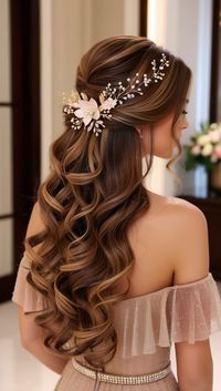 Stunning long brunette hair styled in loose, cascading waves, adorned with a delicate gold and pearl floral accessory. Perfect for weddings, proms, or special occasions, this elegant look is both timeless and sophisticated.#ElegantHairstyle #WeddingHair #BridalLook #HairInspiration #WavyHair #HairAccessories #FormalHairstyle #LongHairGoals #RomanticStyle #SpecialOccasionHair #hairaesthetic #thanksgiving_Hairstyle #thanksgiving