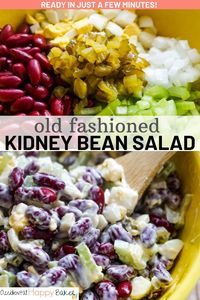 Colorful, crunchy and fresh, this deliciously easy Old Fashioned Kidney Bean Salad makes a perfect cold side dish and takes just a few minutes to make.