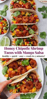 The BEST honey chipotle shrimp tacos served with a refreshing mango cucumber salsa. A healthy, simple, yet delicious summer dish that’s bursting with flavour and comes together in just 15 minutes!