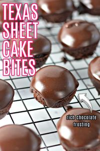 Texas Sheet Cake Bites have all the delicious flavor of the classic dessert in a perfect little bite sized package. Whip up a batch of these little cakes covered in homemade chocolate frosting and enjoy them for an afternoon snack, a party treat, or a fun dessert.