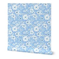 sky blue and white hand drawn floral Wallpaper | Spoonflower