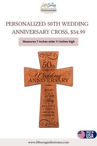 $54.99 - Personalized 50th Wedding Anniversary Gift Wall Cross. An elegant wood sign to display the love you have for eachother for 50 years. Display in living room or bedroom to match your home decor theme. A great gift for him, her, parents, grandparents, friends, husband, wife. This is a very touching and lovely wedding anniversary idea as an everlasting gift and memorable event. This is our best-seller on Amazon store. #WoodSign #WeddingAnniversaryIdeas #Marriage #GiftsForHusband #Love