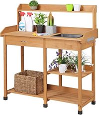 Amazon.com: YAHEETECH Potting Bench Outdoor Garden Work Bench Station Planting Solid Wood Construction w/Sink Drawer Rack Shelves Natural: Garden & Outdoor