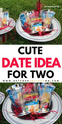 This candlelight dinner for two is so easy to make! What you will need is SpaghettiOs, shredded red crinkle paper, tissue paper, plastic wine glasses, Capri Suns, a patriotic hat, and don't forget... #dating #partyplanner #giftbasket #couples