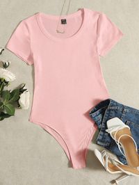 Baby Pink Casual Collar Short Sleeve Fabric Plain Tee Embellished Slight Stretch Summer Women Clothing