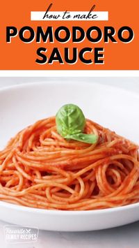 30min · 6 servings

Pomodoro sauce is made by sautéing a little garlic in olive oil and then whole tomatoes are added and simmered until they become soft. The longer you cook down the tomatoes the more the juices will release and the better it will taste. Once they are soft you can blend them until smooth. Add some basil and toss with your favorite pasta.

INGREDIENTS:
 • olive oil extra virgin
 • garlic
 • San Marzano tomatoes whole, peeled
 • sea salt
 • fresh basil leaves

