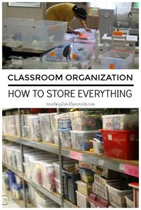 Organizing Preschool Classroom Supplies - Make it easy so you can find materials by theme or skill! Teachers will appreciate this. From Teaching 2 and 3  Year Olds