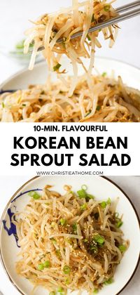 Flavourful 10-min. Korean Bean Sprout Salad (Sukju Namul). Crunchy bean sprouts seasoned in a simple and flavourful sesame garlic soy sauce. This is a popular Korean side dish that is served at many Korean restaurants. Recipe: https://christieathome.com/blog/korean-bean-sprout-salad/ #beansprout recipes #korean bean sprout side dish