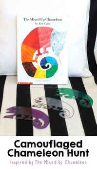 I love this fun activity based on The Mixed-Up Chameleon by Eric Carle. Read the book and then play the Camouflaged Chameleon Hunt (I spy or hide and go seek game idea) !!