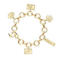 This solid gold bundle includes 5 travel charms on our bestselling Infinity link charm bracelet. Featuring 12 links that open easily so you can continue adding more charms, it comes complete with our signature mini silver airplane charm. VIEW ALL LOCATIONS HERE Included in 14k solid gold: Infinity link charm bracelet - approximate dimensions: 7" 5 passport stamp charms + ADD ENGRAVING