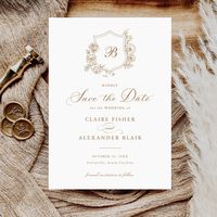 Floral Elegant Roses Crest Monogram Save the Date Wedding Invitation. Traditional Wedding Invitation. Floral Gold Earthy Neutral Wedding Monogram Crest Save the Date Card. Vintage Floral Crest Save the Date Invitation