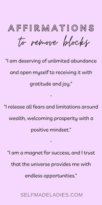 Affirmations to remove abundance blocks: Get your free manifestation affirmation download, sign up now! Positive affirmation, daily affirmations, manifest your dreams faster.